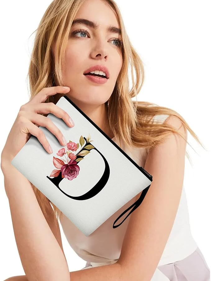 Vavabox A-Z Personalized Makeup Bag, Birthday Gifts for Women Mom, Gifts for Best Friend, Bride Bridesmaid Cosmetic bag (D, White)