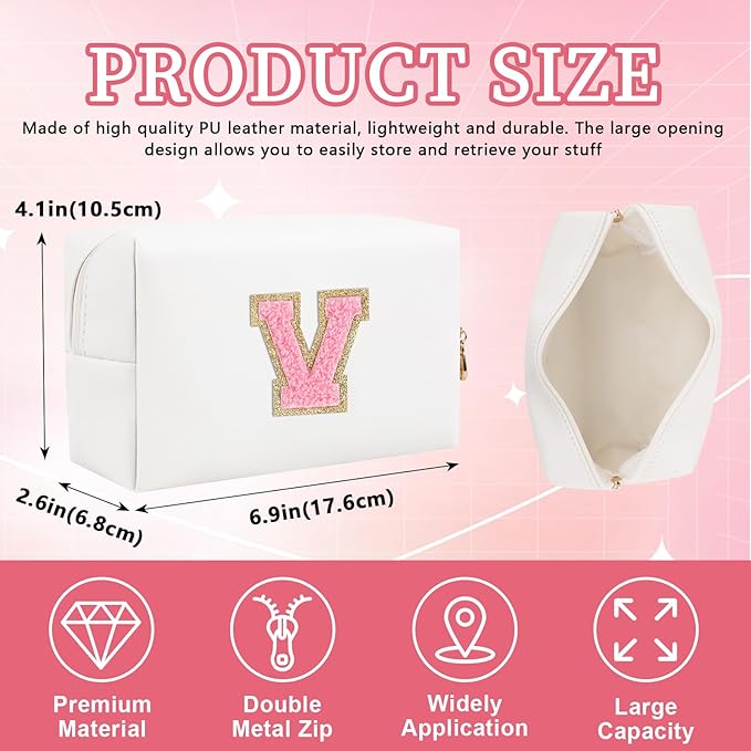 Personalized Initial Letter Patch Makeup Bag, Preppy Portable Chenille Letter Cosmetic Bag with Zipper, PU Leather Waterproof Travel Toiletry Bag Monogram Make Up Pouch for Women Girls(Letter V)