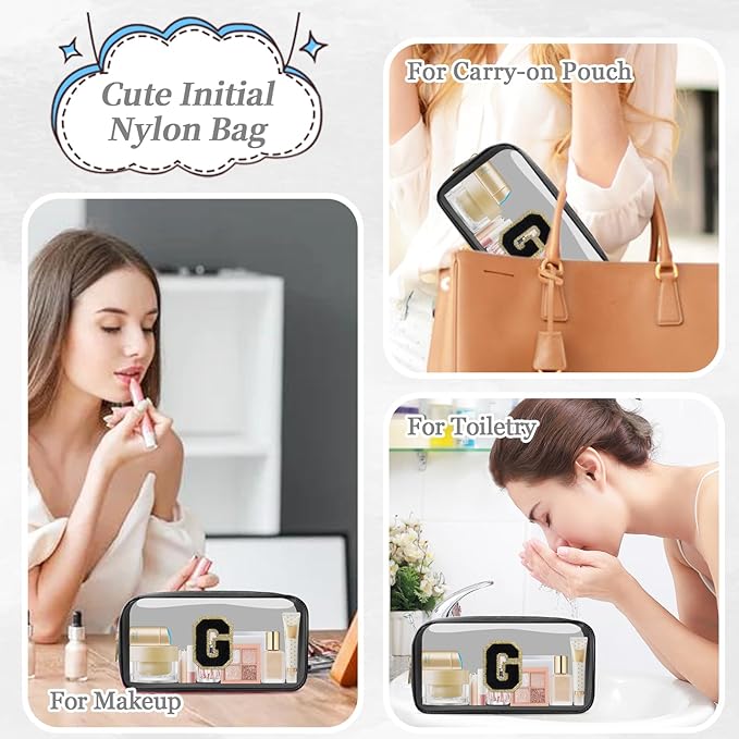 Small Clear Personalized Initial Makeup Bag,Nylon Preppy A-Z Chenille Letter Patch Cosmetic Pouch Beach Toiletry Bag,Waterproof Zipper Travel Purse Storage Bag Organizer for Women Girls(Black-Black G)