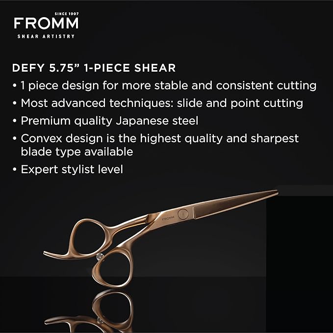 Fromm Defy 5.75" 1-Piece Precision Slide and Point Hair Cutting Shears with Razor Sharp Semi-Convex Blade for Expert Salon Stylists, Matte Gold Japanese Steel Scissors