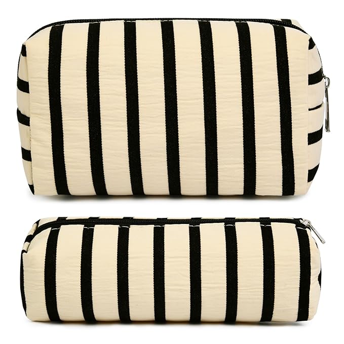 SOIDRAM Makeup Bag Corduroy Cosmetic Bag White Stripe Makeup Pouch 1Pcs Large Capacity Makeup Bags and 1Pcs Makeup Brushes Storage Bag Travel Toiletry Bag Organizer