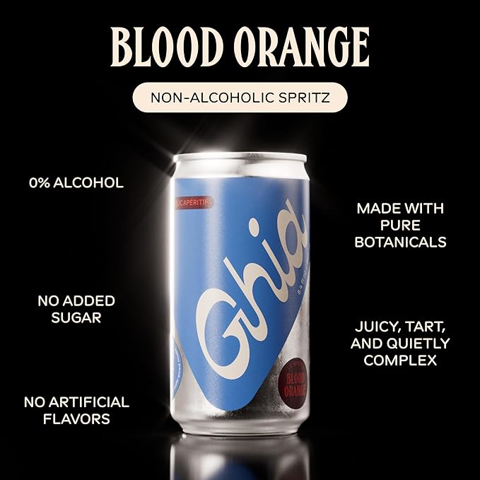 Ghia Non-Alcoholic Le Spritz | Blood Orange 8-Pack | Canned Mocktail & Cocktail Mixer, Zero Proof Sparkling Apéritif with Soothing Herbal Extracts | No Sugar, No Artificial Flavors, Caffeine-Free