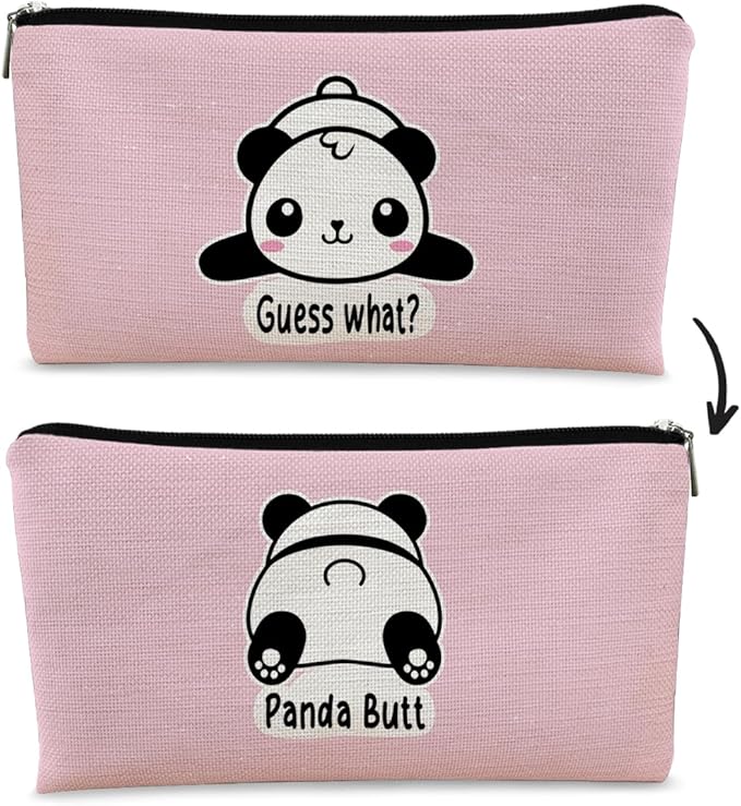 Panda Gifts Pink Makeup Bag, Cute Baby Panda Guess What It's Pug Butt Cosmetic Bag, Travel Toiletry Bag for Daughter, Canvas Zipper Pouch