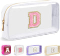 Small Clear Personalized Initial Makeup Bag,Nylon Preppy A-Z Chenille Letter Patch Cosmetic Pouch Beach Toiletry Bag,Waterproof Zipper Travel Purse Storage Bag Organizer for Women Girls(White-Pink D)
