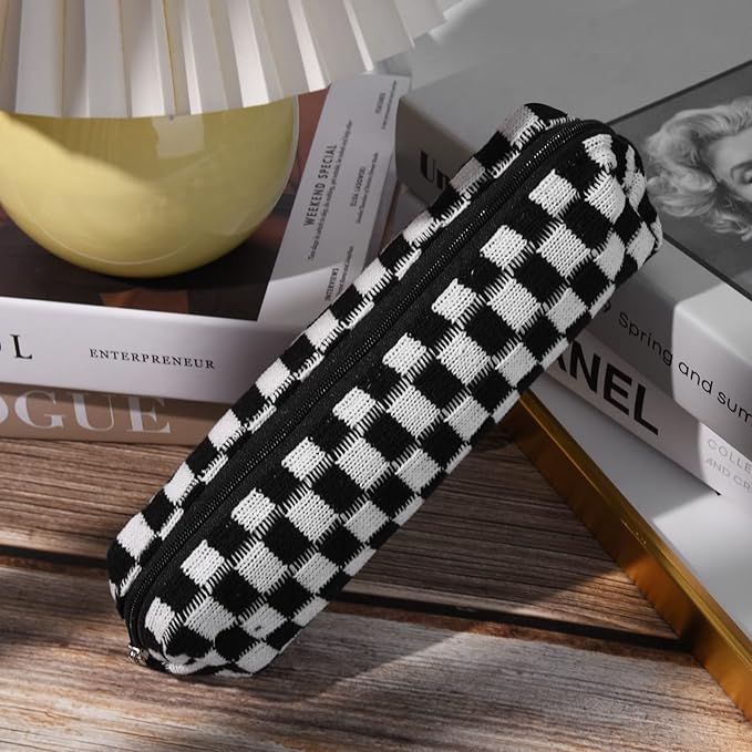 SOIDRAM Makeup Bag Checkered Cosmetic Bag Black Makeup Pouch 1Pcs Large Capacity Makeup Bags and 1Pcs Makeup Brushes Storage Bag Travel Toiletry Bag Organizer