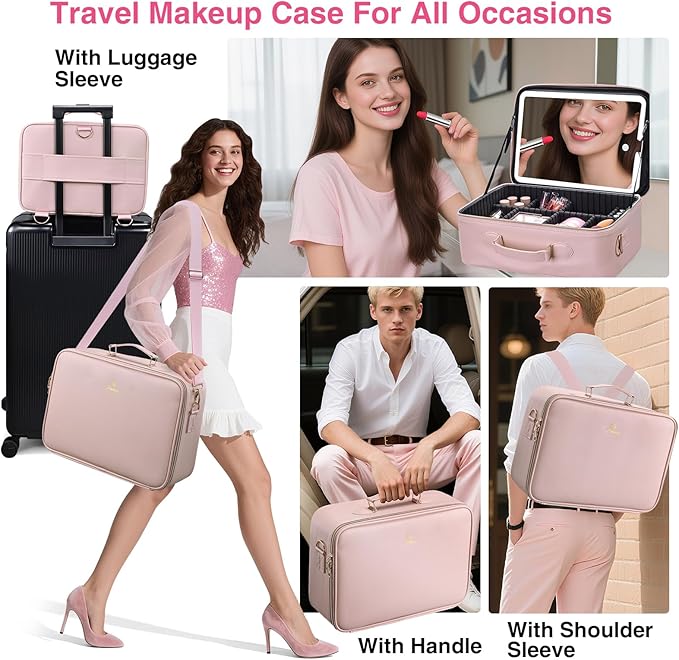 Large Makeup Bag with LED Mirror,Travel Cosmetic Train Case for Makeup Artists,Makeup Organizer Case with Divider Rechargeable Vanity Mirror with 3 Color Lights for Barber,MUA,Nail Tech, Pink