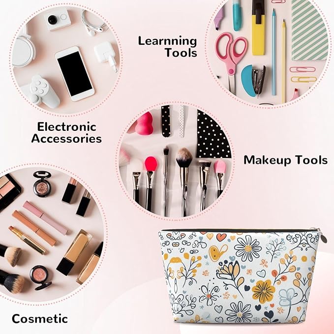 Womens Leather Makeup Bag Cosmetic Bag Travel Toiletry Bags Make Up Bags for Women Adult (Boho·Floral)
