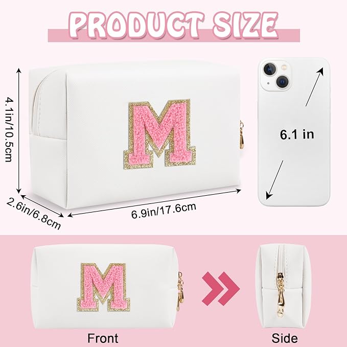 Small Travel Initial Preppy Makeup Bag, Personalized White Cute Cosmetic Organizer Chenille Letter Travel Toiltery Zipper Pouch, Waterproof PU Leather Make Up Case Gifts for Mom Women Female(Letter M)