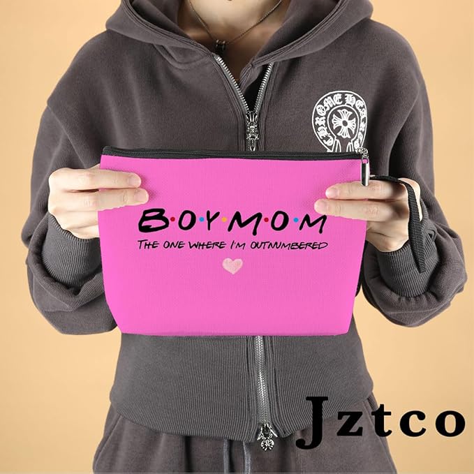 Jztco Boy Mama Makeup Bag, Baby Shower Gifts for Mom First Time, Christmas Birthday Unique Cosmetic Bag Funny Mothers Day, New Mom Gifts - Boy Mama The One Where I'm Outnumbered, Pink