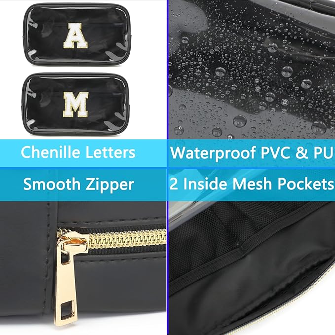 Clear Makeup Bag with 2 Customizable Chenille Letters - Waterproof PU Leather Cosmetic Case, Large Personalized Toiletry Pouch for Women & Teens, Ideal for Travel & Gift