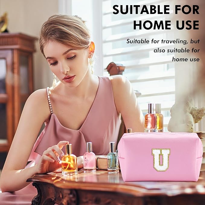 Initial Makeup Bag Personalized Preppy Travel Small Cosmetic Bag Cute PU Pink Chenille Letter Makeup Pouch for Purse Waterproof Zippered Toiletry Organizer for Women Girls Kids Friends(U)