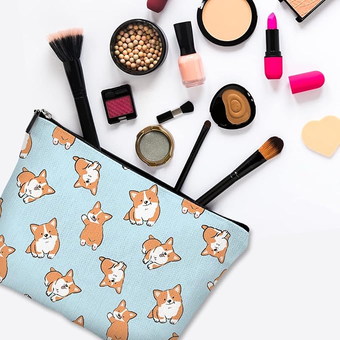 Cute Makeup Bag for Purse Canvas Waterproof Funny Cosmetic Bags for Women Zipper Travel Toiletry Pouch-Corgi Makeup Bags
