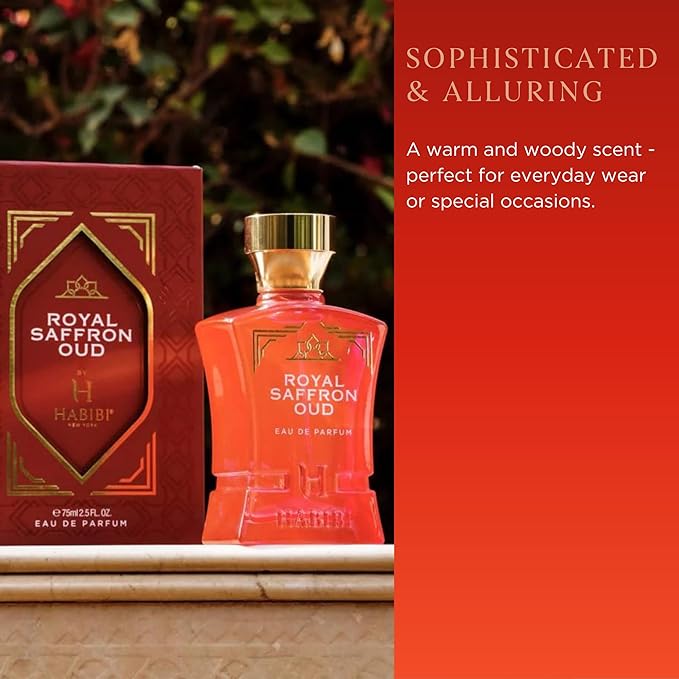 H HABIBI Royal Saffron Oud Arabian Perfume for Women – 2.5 oz (75ML) Long Lasting Women's Fragrance, Warm Woody Scent with Jasmine, Patchouli, Sandalwood & Amber Notes