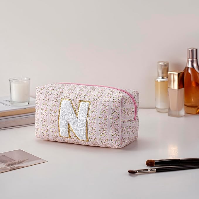 JOVAKIT Alphabet Makeup Bag Cosmetic Bag for Women, Christmas Gifts for Girls Age 6-18, Floral Flowers Coquette Travel Toiletry Zipper Make Up Pouch Organizer Trendy Stuff (Pink Floral N)