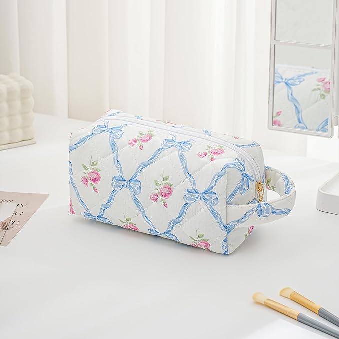 JOVAKIT Travel Makeup Bag Cosmetic Bag for Women, Christmas Gifts, Small Floral Flowers Coquette Toiletry Bag with Handle, Zipper Make Up Pouch Organizer Bag Trendy Stuff (Blue Bowknot)