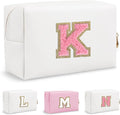 Personalized Small Preppy Makeup Bag, Chenille Letter White Initial Cosmetic Pouch Travel Toiletry Organizer, Waterproof PU Leather Makeup Storage Travel Essentials for Female Girl Teacher(Letter K)