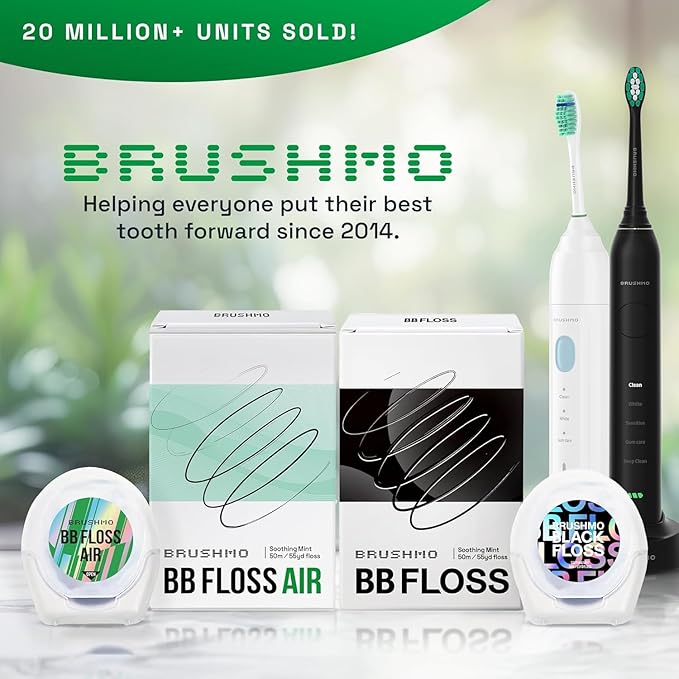 Brushmo Black Floss Air (BB Floss Air) - Ultra Soft & Thin Expanding Gum-Friendly Soothing Mint Dental Floss, Natural Wax Helps Remove Plaque from Teeth, Dentist Designed PTFE & PFAS Free, 110 yd