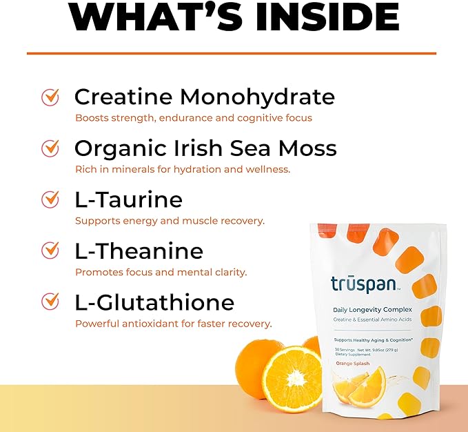 TruSpan Daily Longevity Complex Creatine Powder, with Essential Amino Acids, Sugar Free, Orange Splash Flavor, 30 Servings
