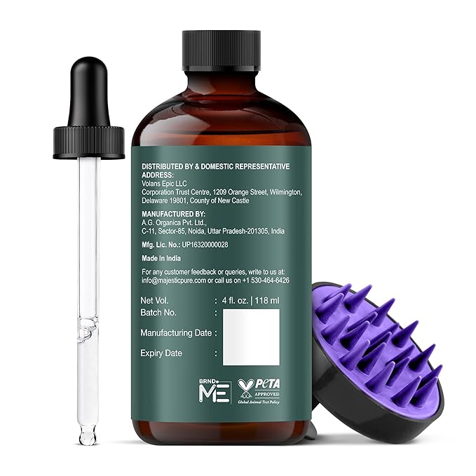 Majestic Pure 100% Pure Rosemary Oil For Hair Growth with Scalp Massager - Strengthening, Nourishing, Volumizing - Infused with Silk Protein & Castor Oil - Non GMO Verified - 4 Fl Oz