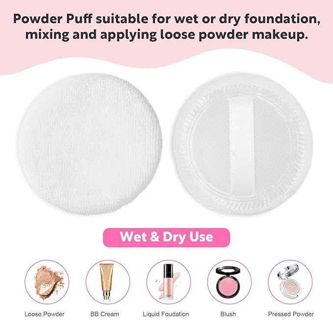 100% Cotton Powder Puff, 10 Pcs Makeup Powder Puff for Face Powder, 2.36 inch Cosmetic Puffs Pads with Ribbon for Loose and Foundation(White)