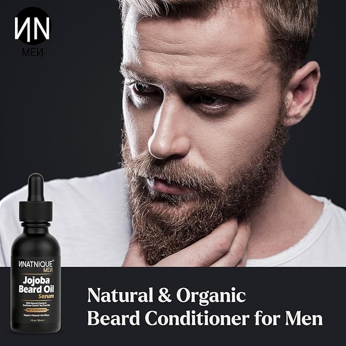 Natnique Jojoba Beard Oil for Men with Vitamin E & Tea Tree – Organic Conditioner & Growth Oil – Moisturizer for Facial Hair, Mustache & Dry Skin – Softener for Itch, Dandruff & Grooming Care – 1 oz
