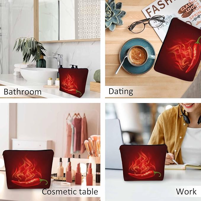 Chili Pepper Cosmetic Travel Bag For Toiletries, Fire Hot Spicy Red Chili Pepper Makeup Bag Toiletry Bags For Women, Flax Cosmetic Bags Make Up Bag Purse Toiletries Bag Birthday Gift