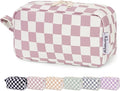 Narwey Cute Checkered Makeup Bag with Organized Pockets for Women - Dusty Rose Checkerboard, Zipper Pouch, Mini Travel Makeup Pouch