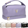 Personalized Friend Gifts, Initial Large Makeup Bag, Personalized Double Layer Cosmetic Bag with Makeup Brush Organizer, Waterproof, Large Capacity PU Leather Toiletry Bag，Teacher Gifts