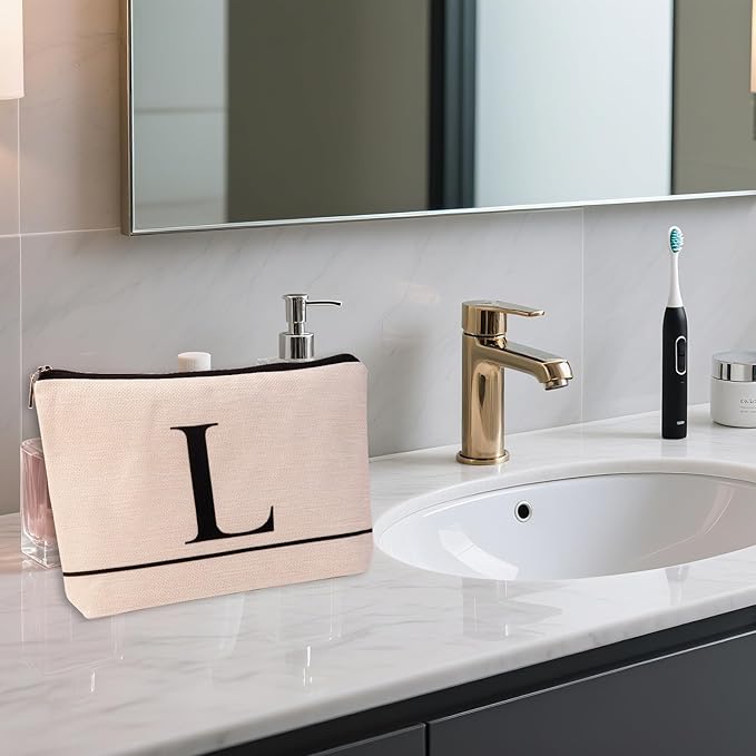 Letter A-Z Initial Personalized Makeup Bags, Birthday Gifts for Women, Monogrammed Gifts for Women Mom Sister Best Friend Bride Bridesmaid, Mothers Day, Christmas, Small Travel Cosmetic Bag (L)