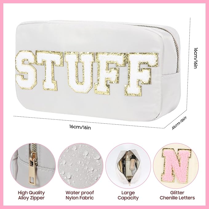 4 Pcs Nylon Cosmetic Bags Travel Organizer Chenille Letter Makeup Pouch Zipper Preppy Waterproof Hair Bag Toiletry Pouch for Women Girls Pinks