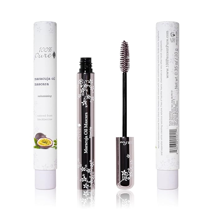 100% PURE Maracuja Oil Mascara Dramatic Intense Volume & Length Natural Fruit Pigmented Voluminous Eyelash Makeup No Clumping, Smudging or Flaking - Vegan, Blackberry Color - 0.35 oz