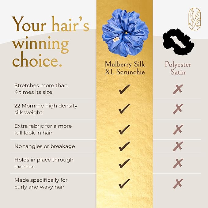 Silk Scrunchies for Women Ponytail Holders – Oversized Mulberry Silk Scrunchies – Extra Large No Damage Hair Ties for Curly, Thick, and Thin - Hair Accessories for Women – Cerulean, XL By Curlfriend