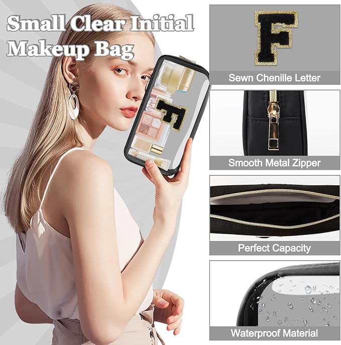 Small Clear Personalized Initial Makeup Bag,Nylon Preppy A-Z Chenille Letter Patch Cosmetic Pouch Beach Toiletry Bag,Waterproof Zipper Travel Purse Storage Bag Organizer for Women Girls(Black-Black F)