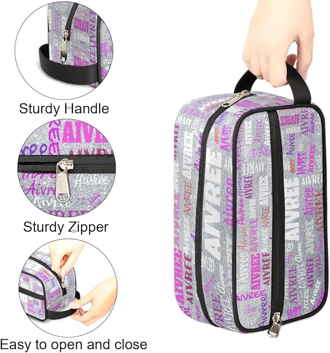 Personalized Travel Cosmetic Bag Waterproof Makeup Bags, Custom Name Organizer Case Toiletries Container Bag Silver Glitters