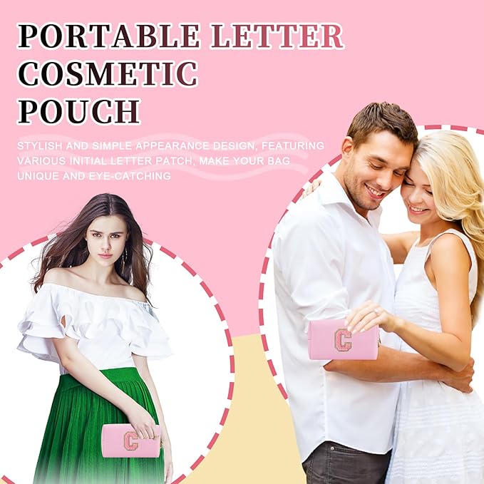 Personalized Initial Letter Patch Makeup Bag, Preppy Small Chenille Cosmetic Bag with Zipper, PU Leather Waterproof Travel Toiletry Bag Monogram Make Up Pouch for Women Girls