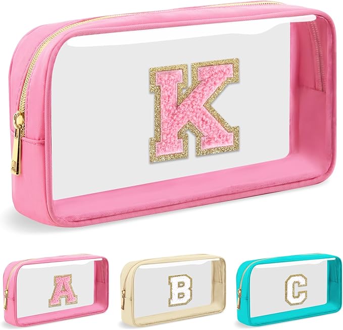 Personalized Initial Letter Clear Makeup Bag,Preppy Small Nylon&PVC Cosmetic Zipper Bag with Chenille Letter,Portable Beach Travel Skincare Toiletry Bag,Trendy Monogram Gift for Teen Girls Women,K