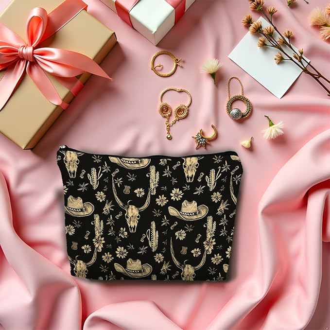 Boho Western Makeup Bag, Rustic Country Western Cow Skull Cactus Cosmetic Bags Gifts for Women, Southwestern Cowgirl Portable Travel Toiletry Bag Zipper Makeup Pouch
