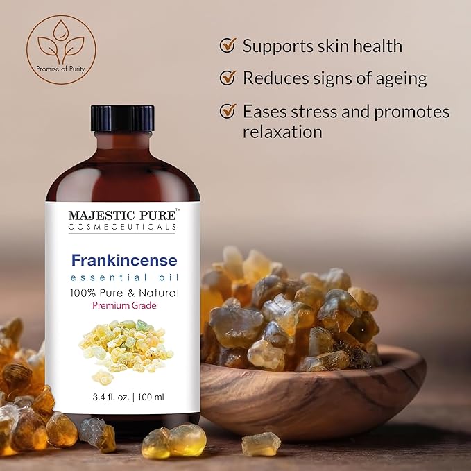 Majestic Pure Frankincense Essential Oil with Glass Dropper - 3.4 Fl Oz - 100% Pure and Natural Frankincense Oil - Premium Grade Essential Oils for Diffuser, Aromatherapy, Soap and Candle Making