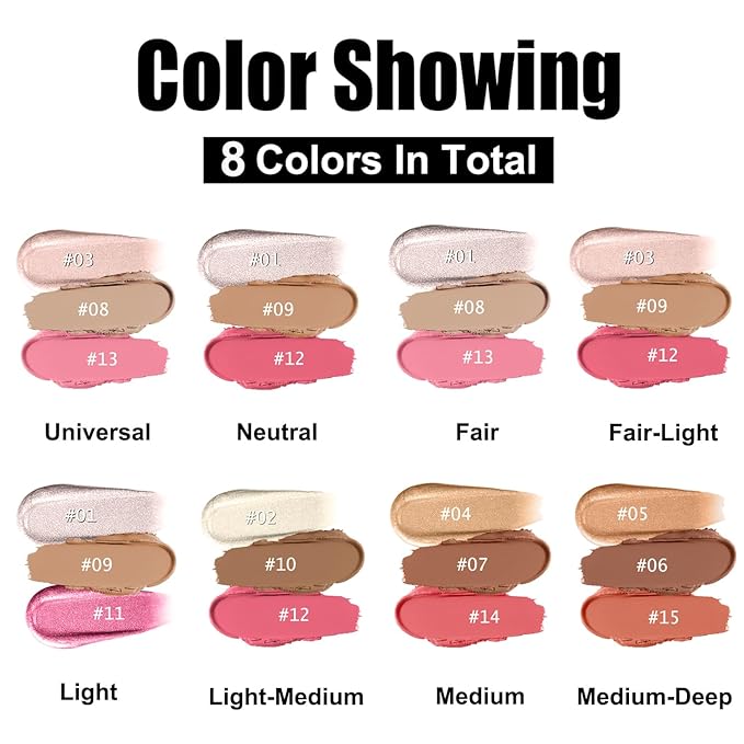 Hilareco 3 Pcs Cream Contour Stick Makeup Kit, Shades with Highlighter Stick, Blush Stick and Bronzer Contour Stick for Sculpt the Cheeks, Waterproof, Matte & Dewy Finish (Fair,#01+#08+#13)