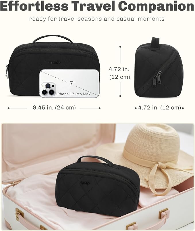 Hynes Eagle Travel Makeup Bag for Women Puffy Cosmetic Organizer Pouch Open Flat Toiletry Bag for Toiletries, Brushes Black