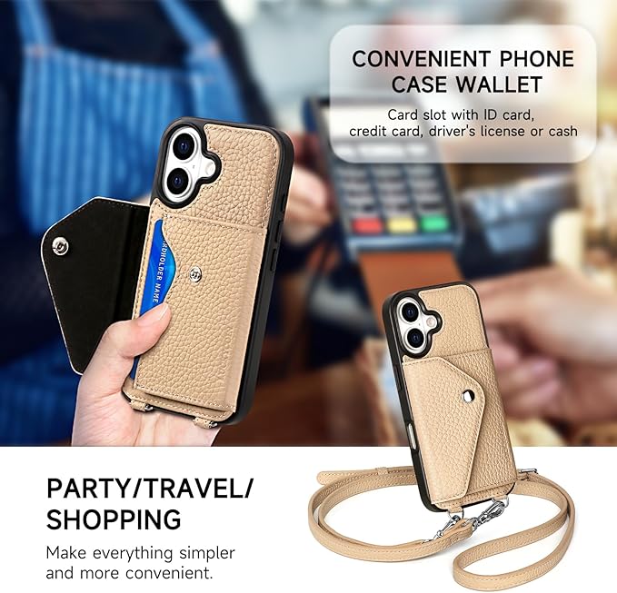 LUCKYCOIN Crossbody Wallet Phone Case for iPhone 17,100% Genuine Leather Wallet Phone Case with Expandable Flip Card Holder,Phone Purse for Women with Adjustable Removable Strap - Pebble Beige