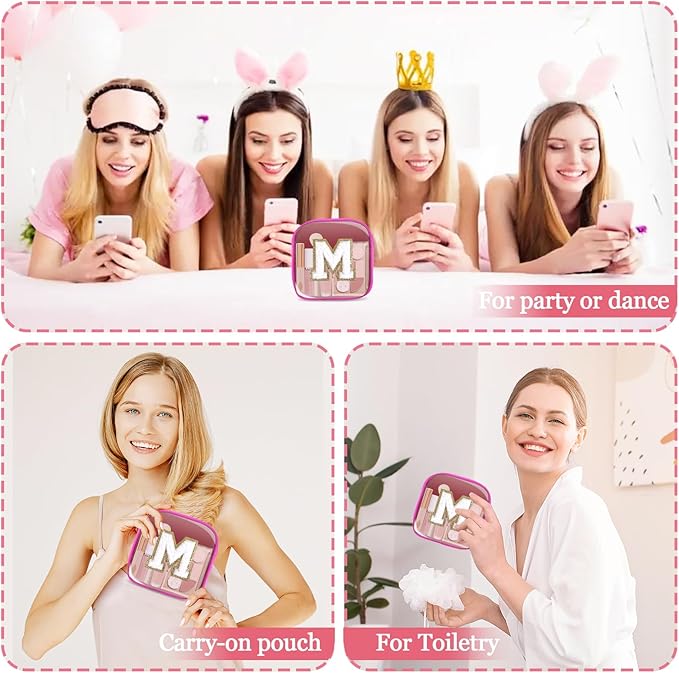Mini Clear Personalized Initial Makeup Bag,Nylon Preppy A-Z Chenille Letter Patch Zipper Cosmetic Bag, Small Cute Beach Pouch Travel Purse Sanitary Napkin Storage Bag for Women Girls(Hot Pink-White M)