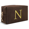 Personalized Initial Makeup Bag,Preppy Suede Cosmetic Bag for Teen Girls,Small Monogram Travel Toiletry Bag With Gold Embroidered Letter,Trendy Stuff Custom Christmas Gift for Women(Coffee-N)
