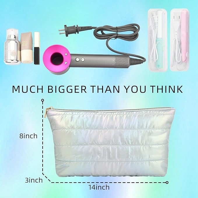 Hiroyuki Iridescent Quilted Makeup Bag, 3pcs Cute Makeup Bag Set, Large Capacity Cosmetic Organizer Travel Toiletry Pouch (plain, cyan)