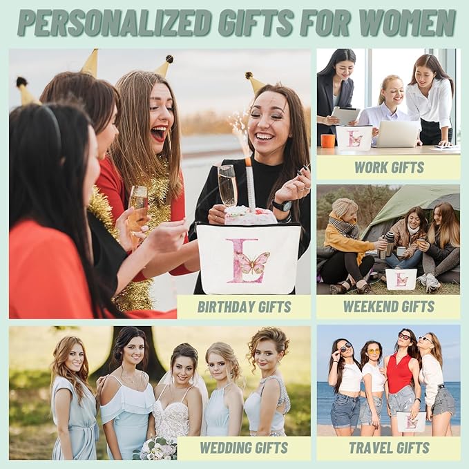 Initial Makeup Bag Pink Butterfly L Personalized Cosmetic Bag Monogrammed Gifts for Women Girls Aunt Bridesmaid Monogram Zipper Pouch for Friendship Mothers Day Birthday Wedding Bridal Shower Gifts