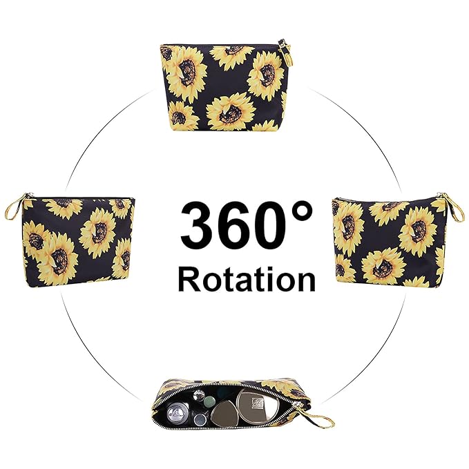 Cosmetic Bag for Women Make up Storage Pouch Case Portable Zipper Travel Accessories Organizer for Toiletry Water Repellent, Sunflower