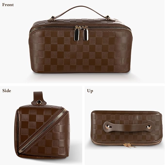 Abiudeng Travel Makeup Bag,Large Capacity Toiletry Bag Cosmetic Bags for Travel Essentials,Waterproof Portable Pouch Open Flat Makeup bag Organizer with Divider and Handle(Checkered-Brown)