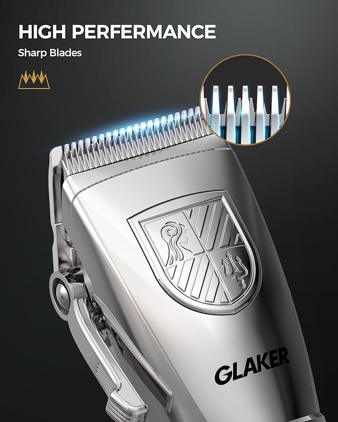 GLAKER Hair Clippers for Men,Professional Mens Hair Clippers Cordless Clippers for Hair Cutting,Precision Trimmer Kit Zero Gap Trimmer with LED Display 15 Guide Combs (Silver)