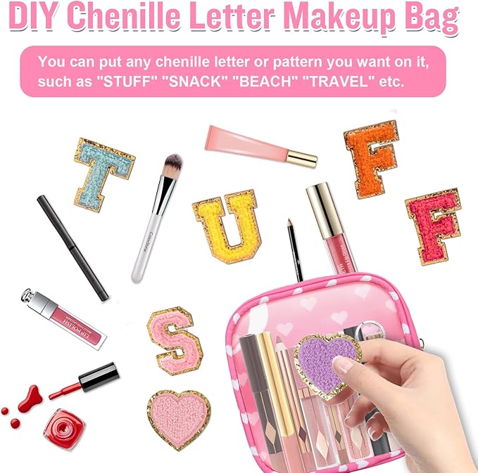 Mini Clear Travel Makeup Organizer Bag for Purse, Small Cute Preppy Pink Makeup Bag Cosmetic Zipper Pouch Purse, Transparent PVC & Nylon Waterproof Toiletry Storage Clutch for Women Girls(Pink Heart)