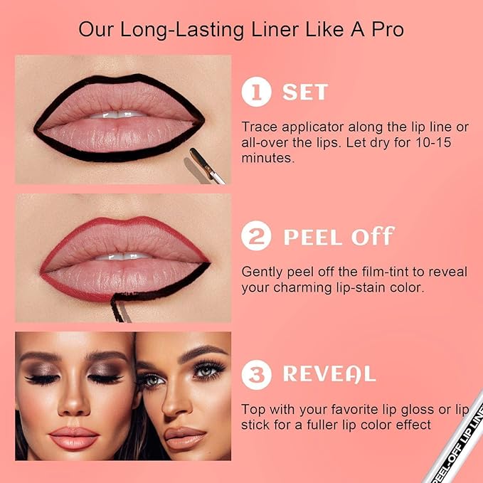 Lip Stain - Peel Off Lip Liner, Long Lasting Lip Liner with Matte Finish, Waterproof & Transfer Proof Lip Gloss, Non-Stick Cup & Highly Pigmented Color, Easy to Use for All Skin Types (Coral)